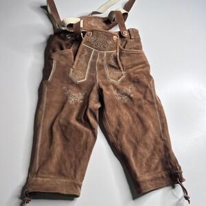 Suede Lederhosen Pants Mens 32x24 Brown Embroidered Overalls Lined Oktoberfest